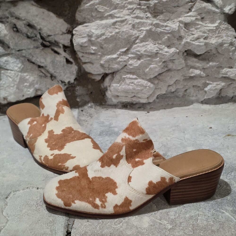 Crown Vintage Cow Hide Mules Festival Block Heel Cowgirl Slip On Women's Size 8